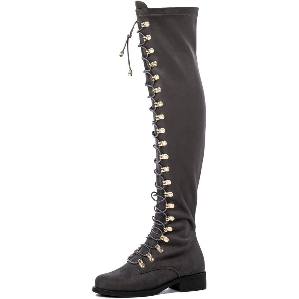 Women's Grey Faux Leather Side Zipper Over The Knee Thigh High Tall Boots